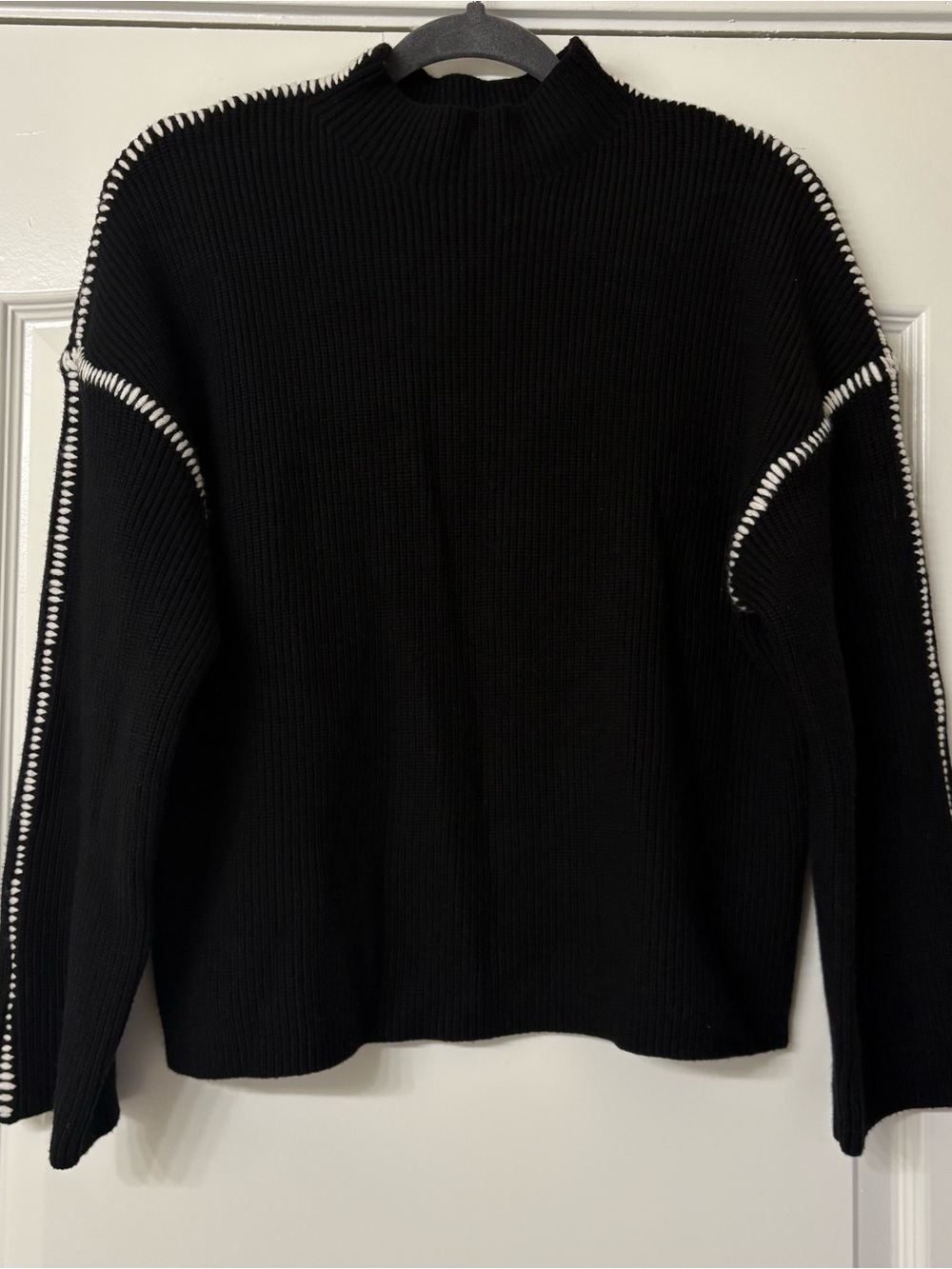 Pretty Garden Black Ribbed Mock-Neck Sweater with Contrast Stitching